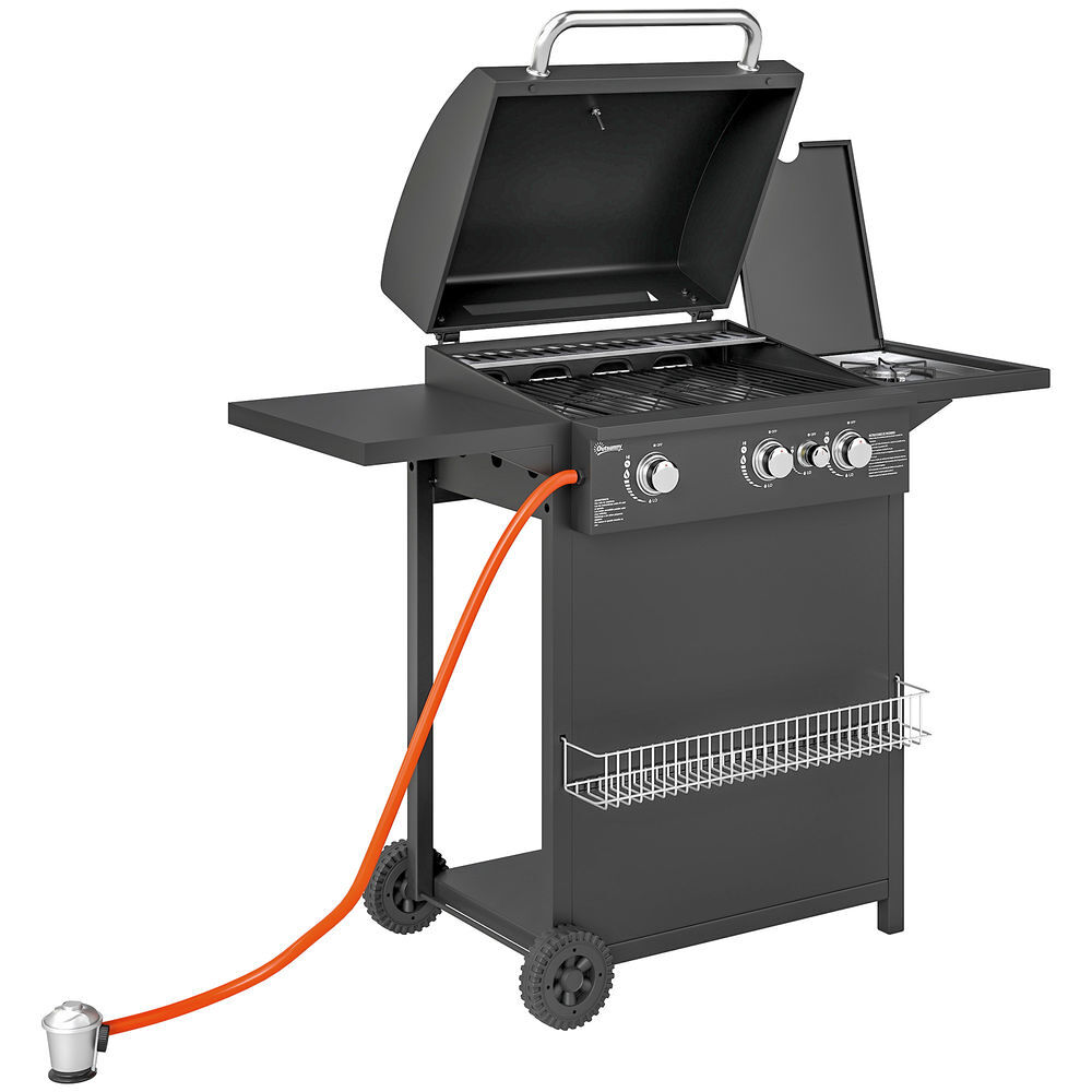 Outsunny barbecue a gás com 3+1 queimadores 8,5 kw barbecue portátil com termómetro mesa lateral grelha recolhedor de gordura 2 rodas para jardim exterior campismo 123x57x98 cm preto