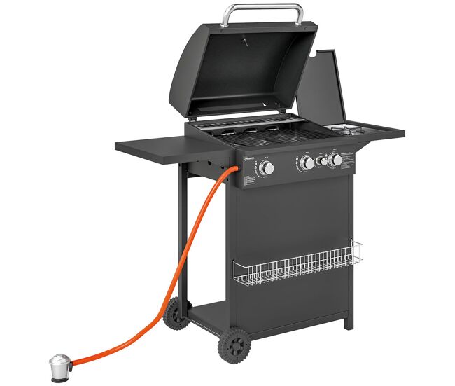 Outsunny barbecue à gaz com 3+1 brûleurs 8,5 kw barbecue portable com termómetro mesa lateral grelha recolhedor de gordura 2 rodas para jardim exterior campismo 123x57x98 cm noir