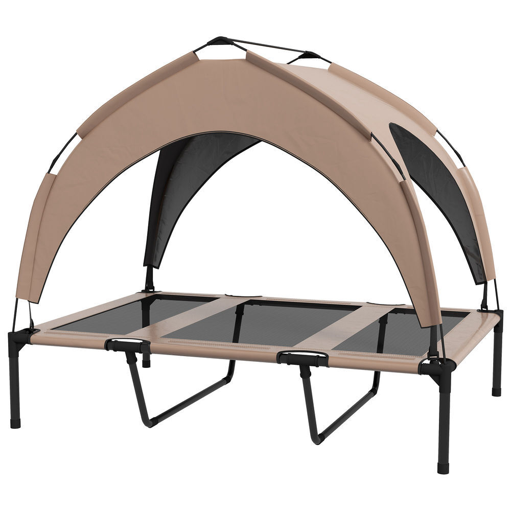 Pawhut cama para cães elevada com toldo cama para cães médios com estrutura de acier e bolsa de transporte para interior e exterior 106x76x94 cm marrom claro