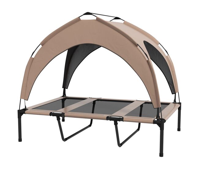 Pawhut cama para cães elevada com toldo cama para cães médios com estrutura de acier e bolsa de transporte para interior e exterior 106x76x94 cm marrom claro