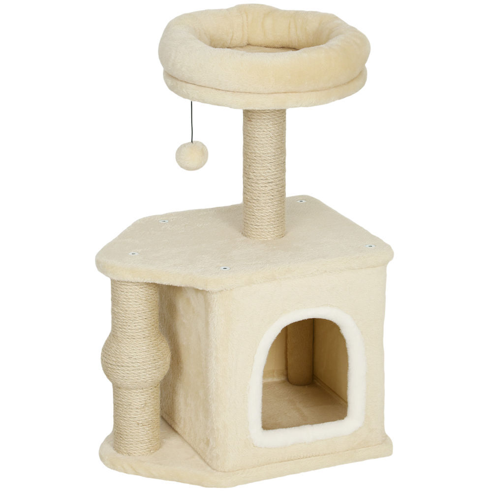 Pawhut arranhador para gatos altura 66 cm arranhador para gatos com cama caverna plataforma bola suspensa e poste de juta 42x30x66 cm marrom
