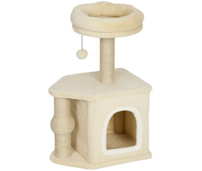 Pawhut arranhador para gatos altura 66 cm arranhador para gatos com cama caverna plataforma bola suspensa e poste de juta 42x30x66 cm marrom