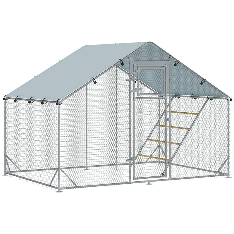 Pawhut galinheiro para exterior 6 m² 3x2x1,95 m para 6-8 galinhas galinheiro em aço galvanizado com poleiro, comedouro suspenso tipo espeto, fechadura