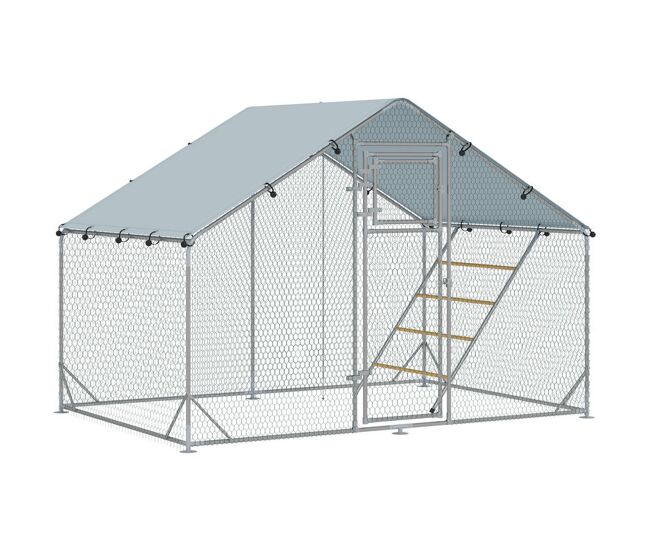 Pawhut galinheiro para exterior 6 m² 3x2x1,95 m para 6-8 galinhas galinheiro em aço galvanizado com poleiro, comedouro suspenso tipo espeto, fechadura