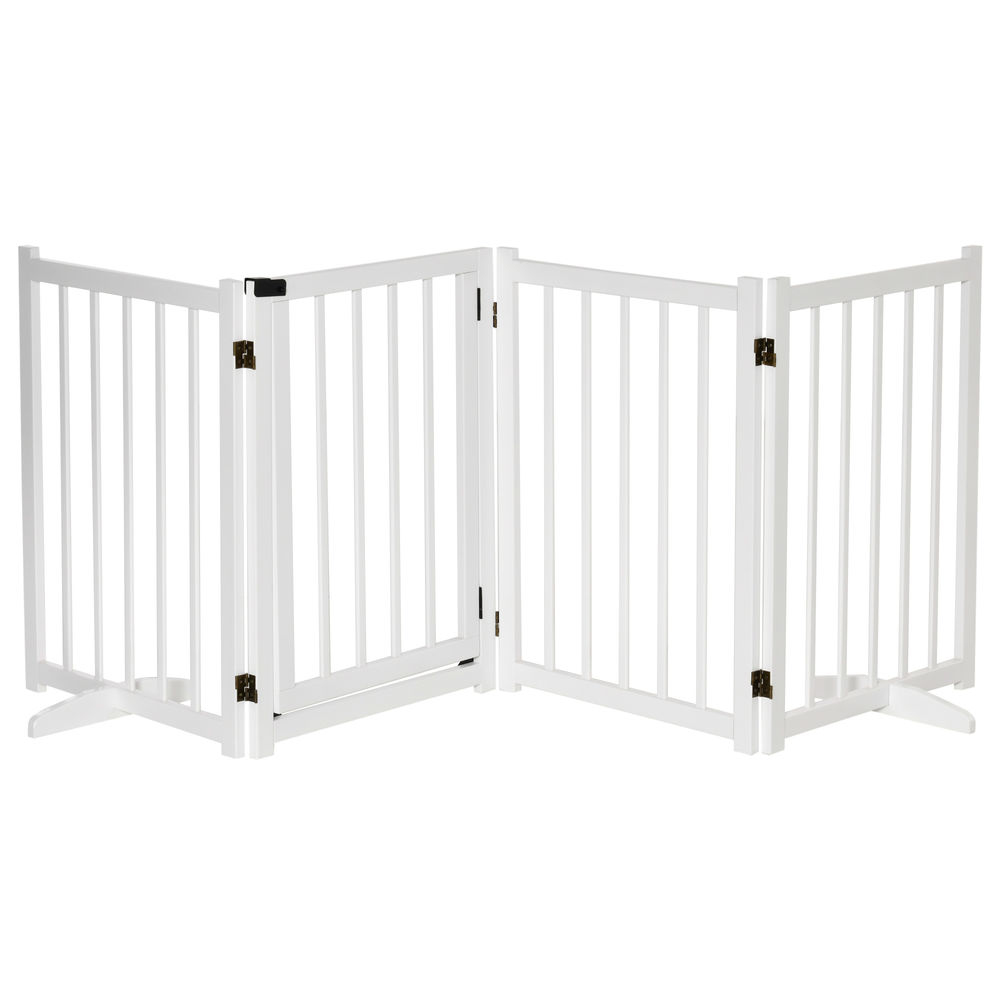 Pawhut barreira para cães dobrável barreira para cães pequenos e médios de 4 painéis com porta barreira de segurança em madeira para escadas e