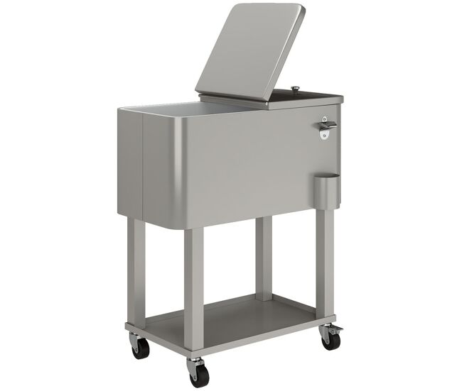 Outsunny carrinho refrigerador de bebidas de 56l carrinho refrigerador com rodas abridor de garrafas e prateleira para pátio festas terraço praia