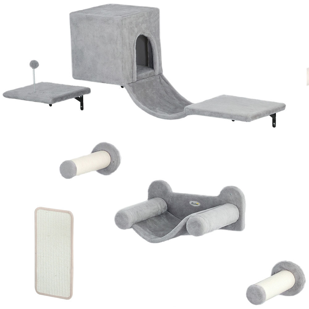 Pawhut conjunto de prateleiras de escalada para gatos de 6 peças prateleiras para gatos com caverna plataforma rede escadas placa para arranhar poste