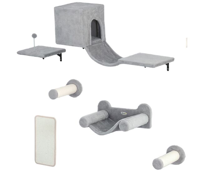 Pawhut conjunto de prateleiras de escalada para gatos de 6 peças prateleiras para gatos com caverna plataforma rede escadas placa para arranhar poste