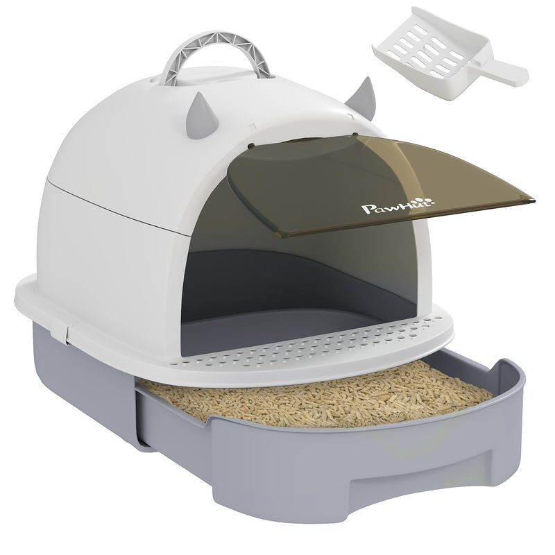 Pawhut caixa de areia para gatos fechada caixa de areia para gatos com tampa e bandeja amovíveis filtro de carvão e pá 40,5x52x39 cm branco e cinza