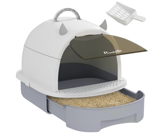 Pawhut caixa de areia para gatos fechada caixa de areia para gatos com tampa e bandeja amovíveis filtro de carvão e pá 40,5x52x39 cm branco e cinza