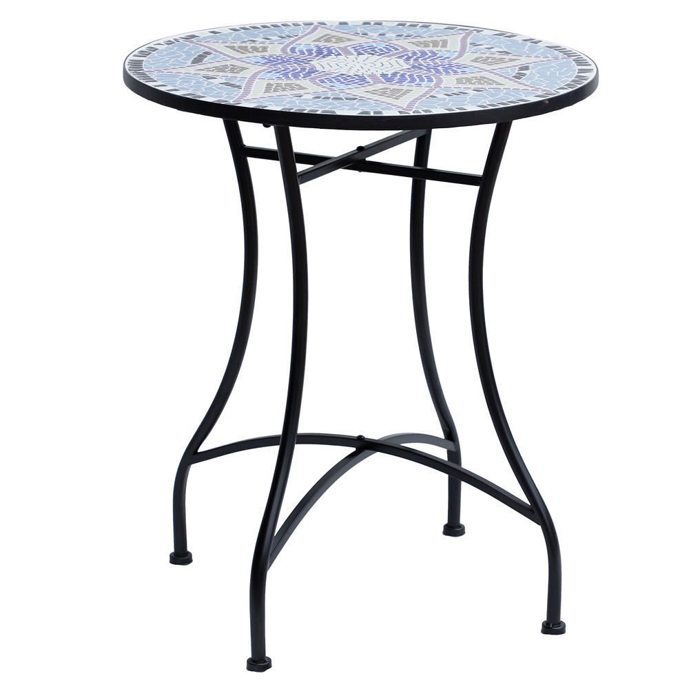 Outsunny mesa de jardim redonda mesa de varanda ø60x71 cm com bancada em mosaico decorativa carga 100 kg mesa de exterior pátio azul e branco