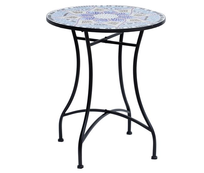 Outsunny mesa de jardim redonda mesa de varanda ø60x71 cm com bancada em mosaico decorativa carga 100 kg mesa de exterior pátio azul e branco