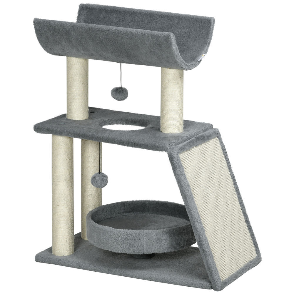 Pawhut arrador para gatos arranhador para gatos altura 76 cm com 4 postes de arranhar cama plataforma em u almofada para arranhar bolas suspensas