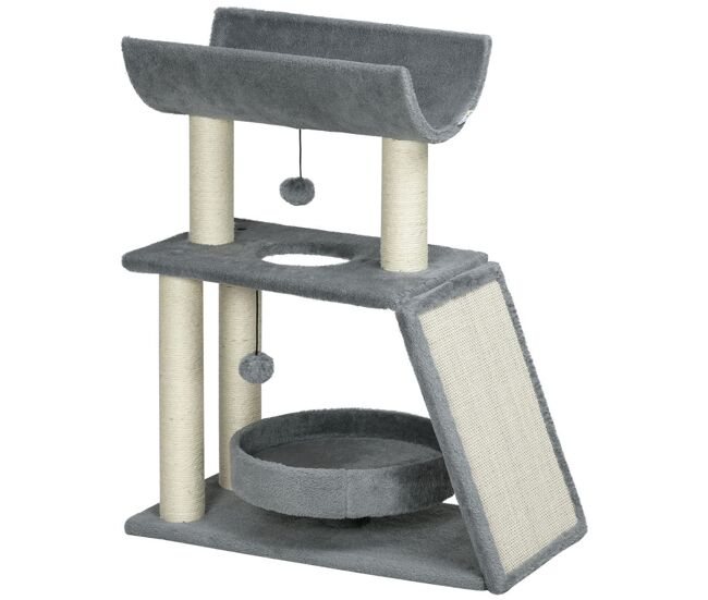 Pawhut arrador para gatos arranhador para gatos altura 76 cm com 4 postes de arranhar cama plataforma em u almofada para arranhar bolas suspensas