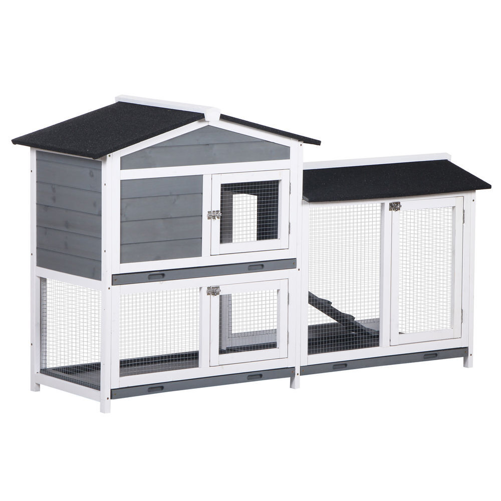 Pawhut coelheira de madeira exterior gaiola para coelhos de 2 níveis com teto asfáltico 2 cercados de metal bandeja removível 3 portas e rampa