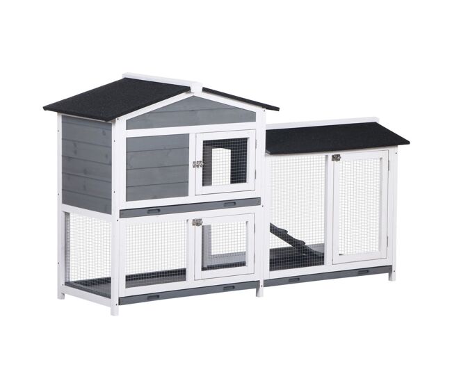 Pawhut coelheira de madeira exterior gaiola para coelhos de 2 níveis com teto asfáltico 2 cercados de metal bandeja removível 3 portas e rampa