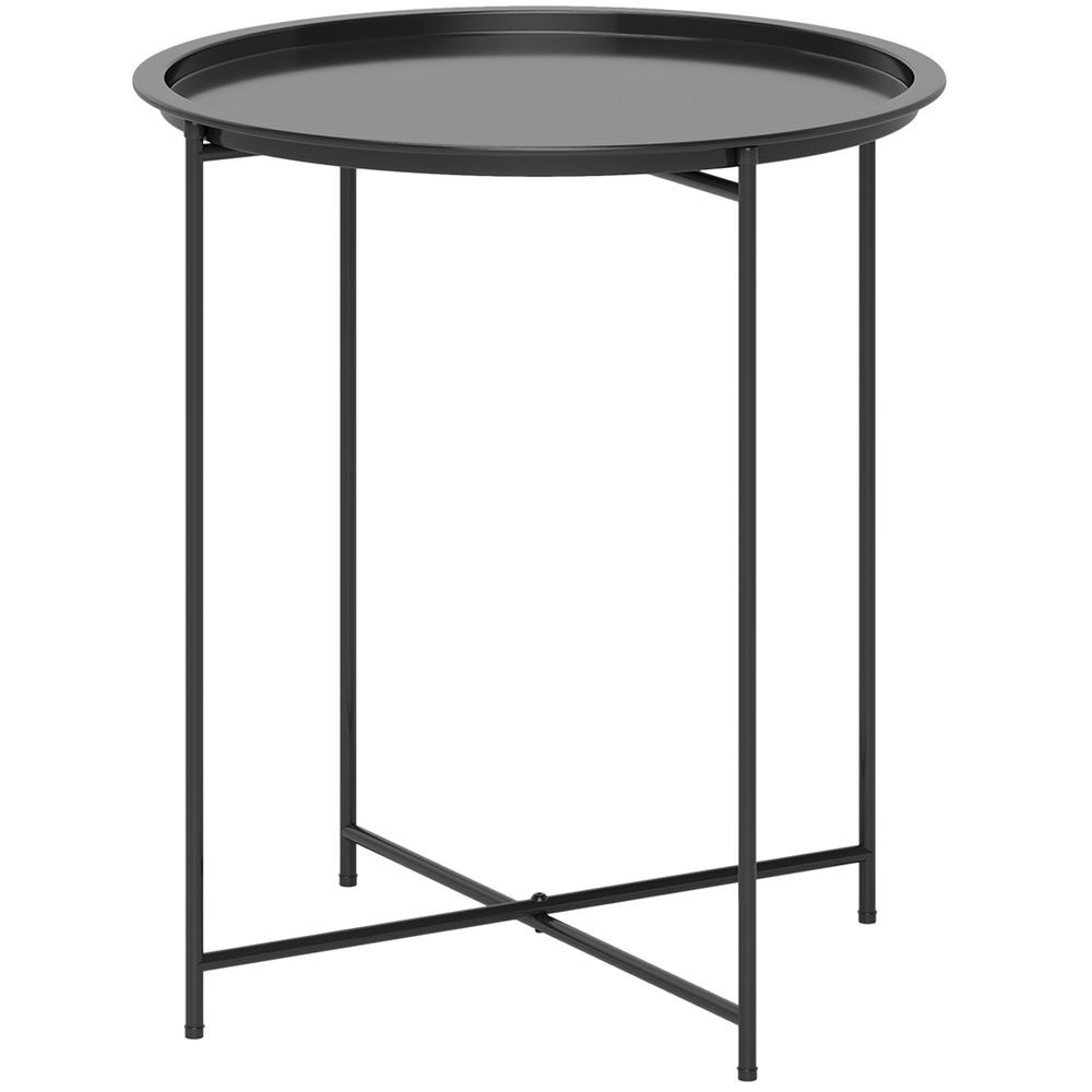 Outsunny mesa auxiliar redonda mesa de jardim com bandeja amovível pés dobráveis mesa para exterior pátio ø46x50 cm preto