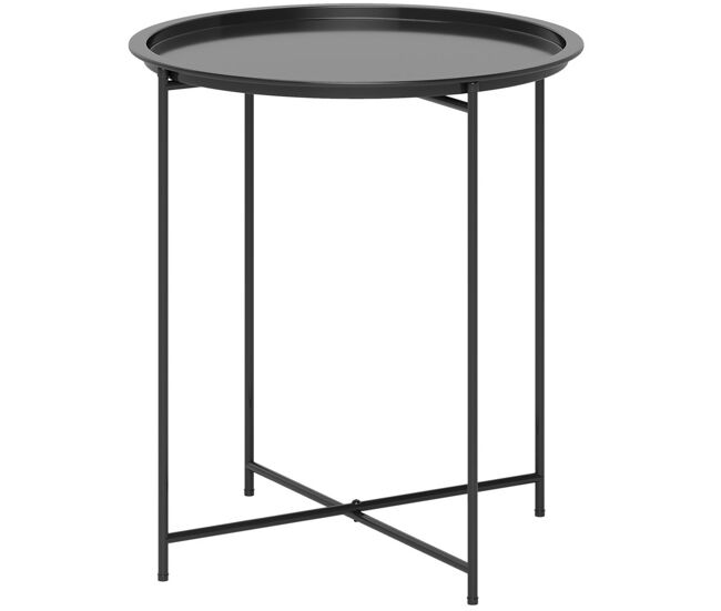 Outsunny mesa auxiliar redonda mesa de jardim com bandeja amovível pés dobráveis mesa para exterior pátio ø46x50 cm preto