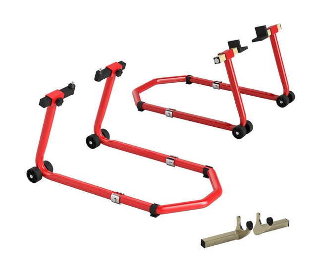 Homcom suporte de roda dianteira e traseira para mota carga 390 kg cavalete moto elevador universal com adaptadores de garfos em u e l ajustáveis e rodas para reparação e manutenção rouge
