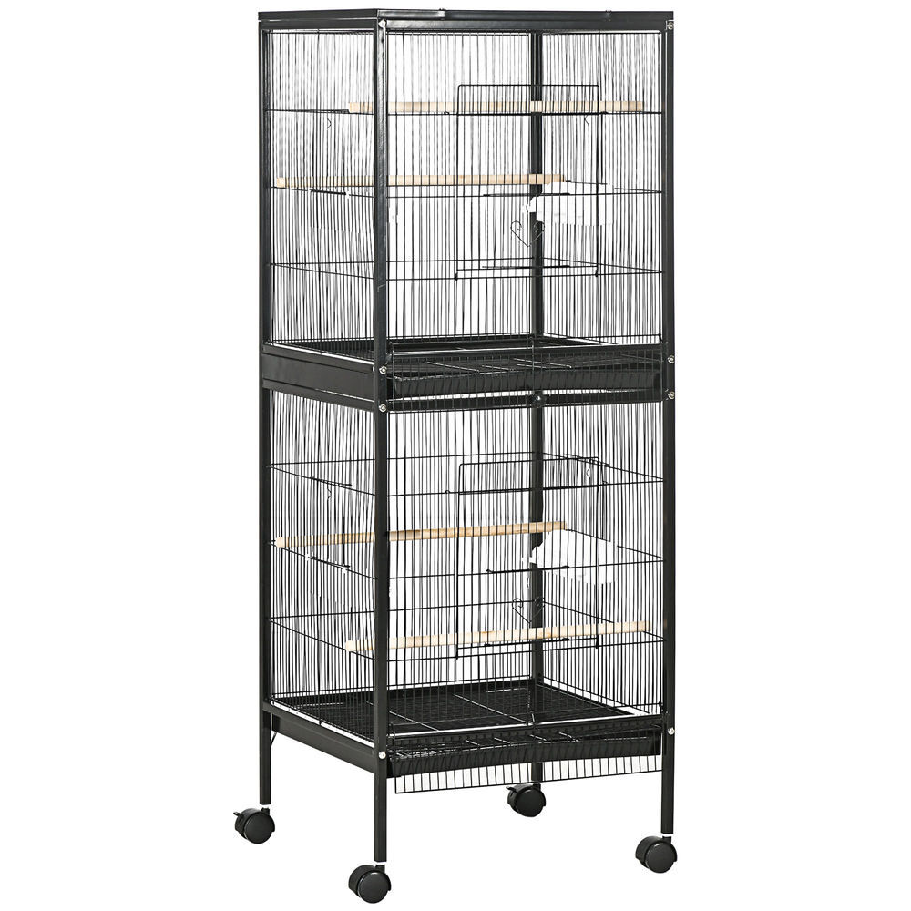 Pawhut gaiola para pássaros com rodas gaiola grande de 2 níveis com bandejas removíveis portas comedouros poleiros para canários periquitos