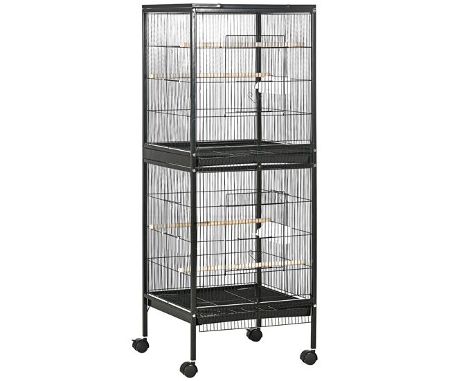 Pawhut gaiola para pássaros com rodas gaiola grande de 2 níveis com bandejas removíveis portas comedouros poleiros para canários periquitos