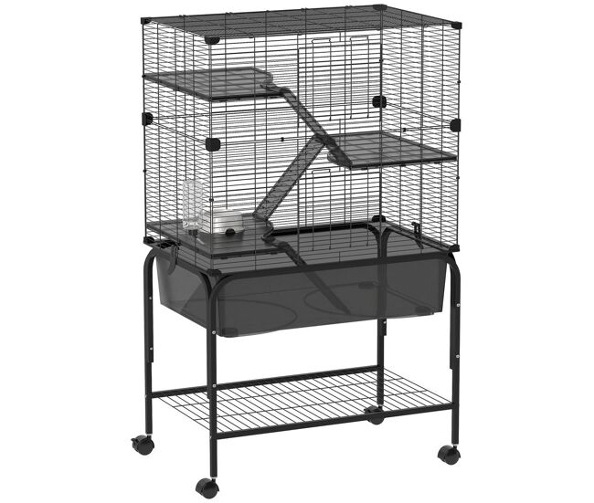 Pawhut gaiola para pequenos animais de 4 níveis com bandeja inferior gaiola para roedores com rampas comedouro e bebedouro recinto para chinchilas 73x47x123 cm noir