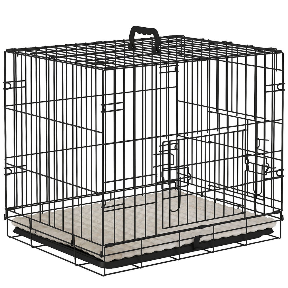 Pawhut jaula dobrável para cães pequenos com almofada, 2 portas, tabuleiro removível e estrutura metálica, 60x45x50 cm, preto e bege