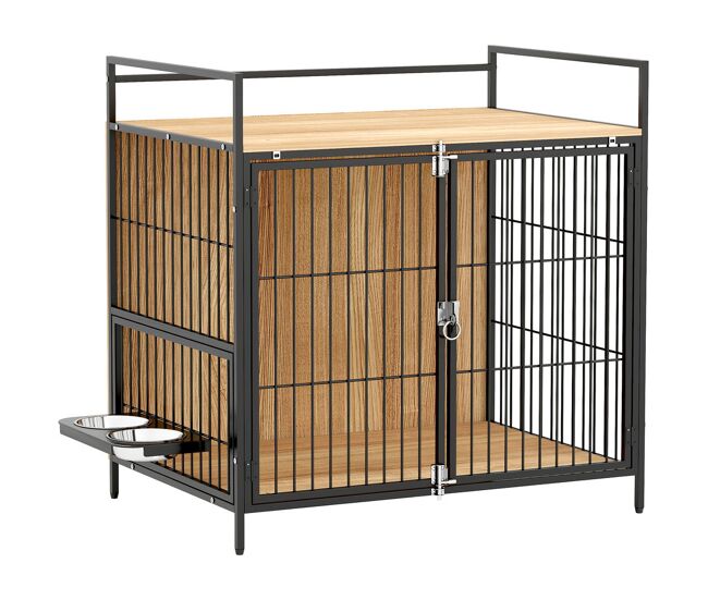 Pawhut gaiola para cães mesa auxiliar moderna casa para animais de estimação com suporte giratório com 2 tigelas 2 portas e bancada para cães médios