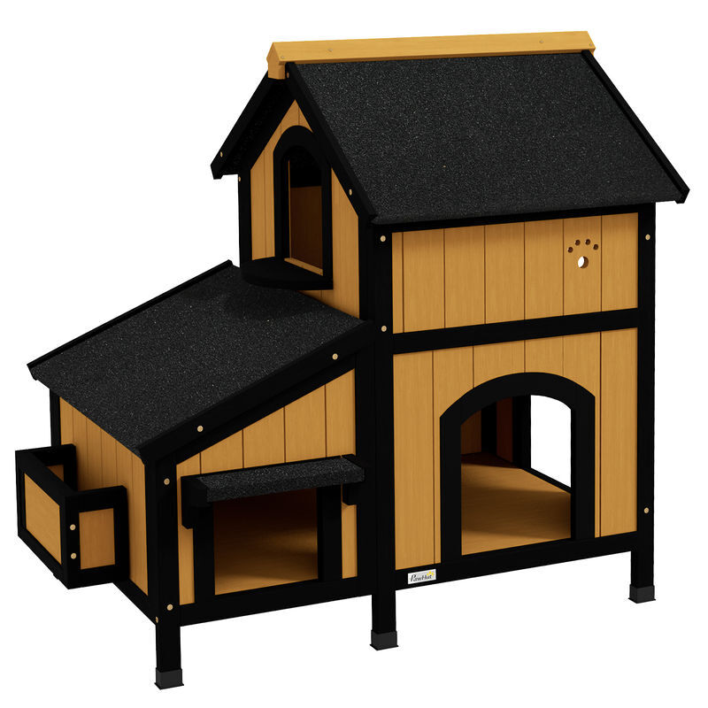 Pawhut casa para gatos de madeira com suporte para flores 96x65x85,5 cm casa para gatos de 2 níveis com teto asfáltico janela e múltiplas entradas
