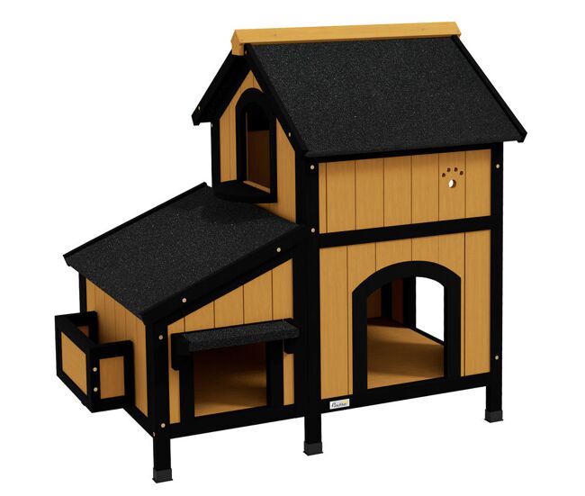 Pawhut casa para gatos de madeira com suporte para flores 96x65x85,5 cm casa para gatos de 2 níveis com teto asfáltico janela e múltiplas entradas
