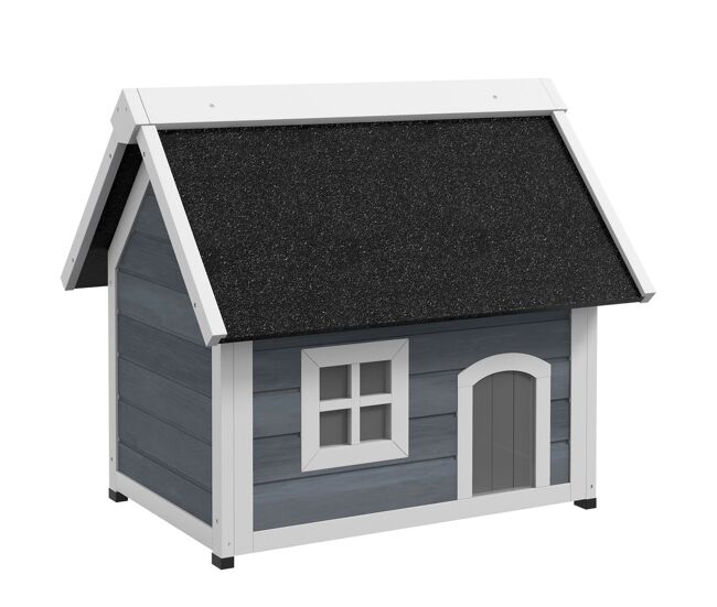 Pawhut casa para gatos de madeira abrigo para gatos com telhado asfáltico rebatível janela e portas com cortina refúgio para animais de estimação para