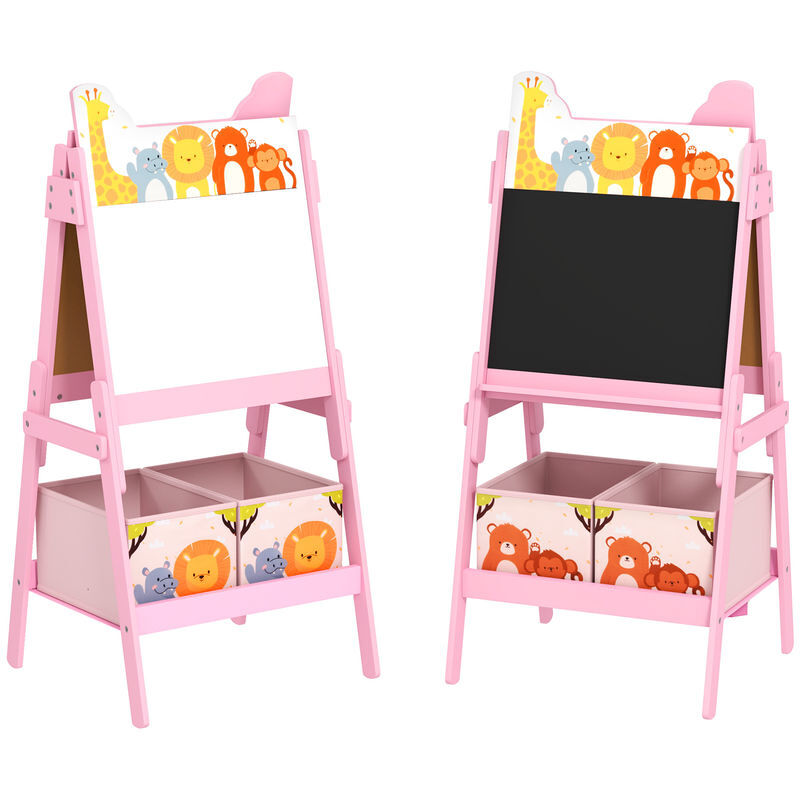 Aiyaplay cavalete para enfants 2 em 1 arsósia infantil com dupla face 2 caixas de arrumação cavalete de pintura para enfants com estampa em animais 53,5x49x113 cm rosa