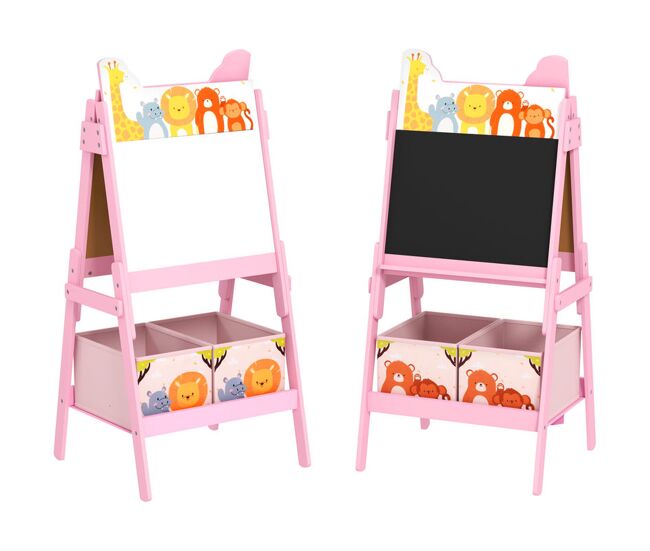 Aiyaplay cavalete para enfants 2 em 1 arsósia infantil com dupla face 2 caixas de arrumação cavalete de pintura para enfants com estampa em animais 53,5x49x113 cm rosa