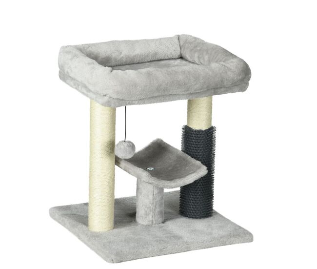 Pawhut arranhador para gatos arranhador pequeno para gatos altura 48 cm com 2 postes de arranhar cama plataforma em u e escova bola suspensa 40x40x48
