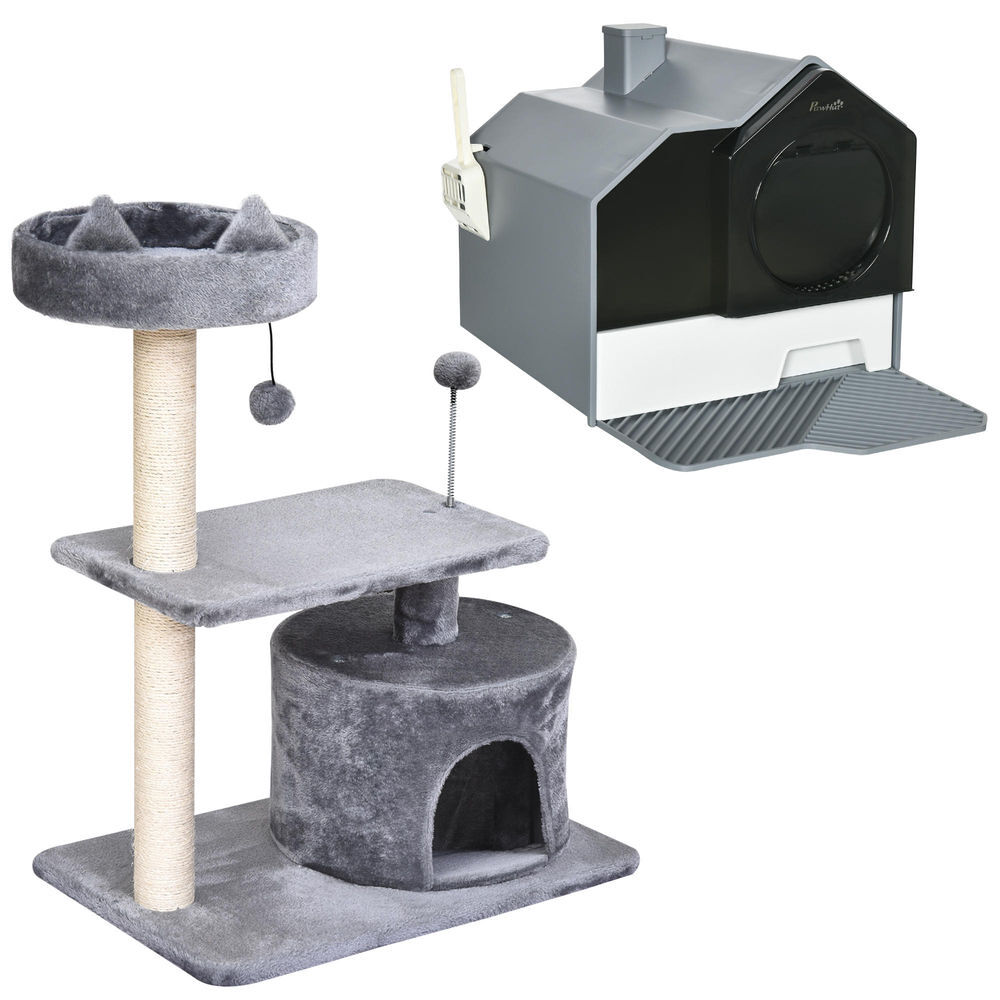 Pawhut conjunto para animais de estimação inclui 1 arranhador para gatos com altura de 81 cm e 1 caixa de areia para gatos com bandeja removível e pá,