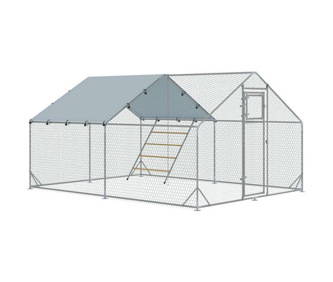 Pawhut galinheiro para exterior 12 m² 3x4x1,95 m para 12-18 galinhas galinheiro de aço galvanizado com poleiro, comedouro suspenso tipo espeto,
