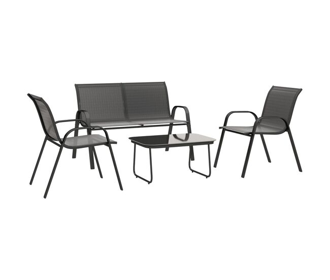 Outsunny conjunto de jardim exterior 4 peças móveis para jardim com 2 cadeiras empilháveis 1 sofá de 2 lugares e mesa de centro com bancada de vidro