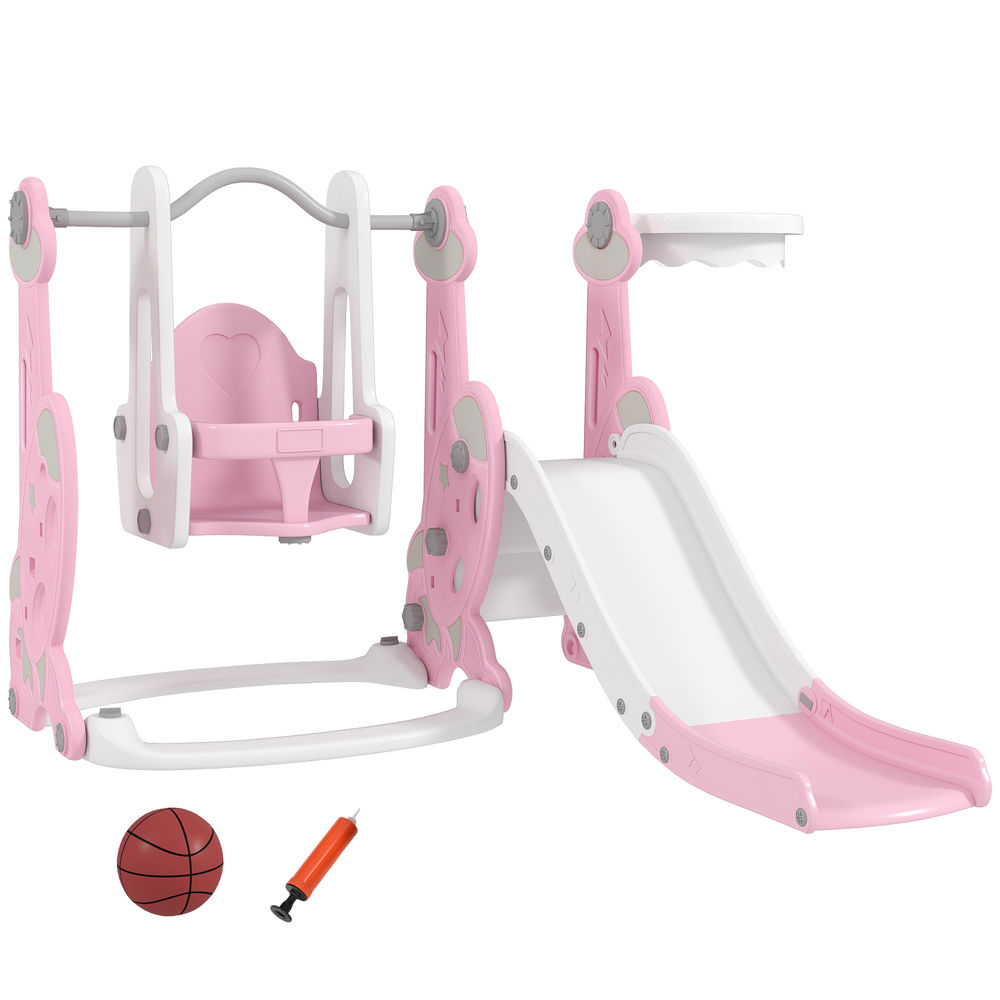 Aiyaplay escorrega infantil 4 em 1 parque infantil com baloiço e escorrega escalador cesto de basquetebol temática de foguete para interior 147,5x160x107 cm rosa