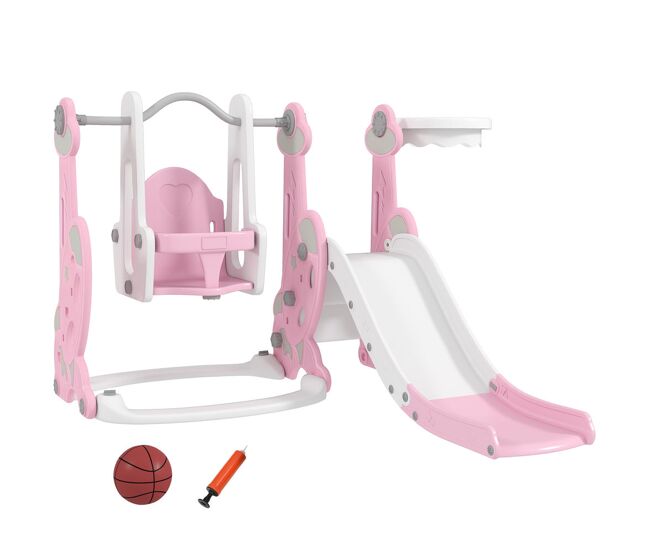 Aiyaplay escorrega infantil 4 em 1 parque infantil com baloiço e escorrega escalador cesto de basquetebol temática de foguete para interior 147,5x160x107 cm rosa