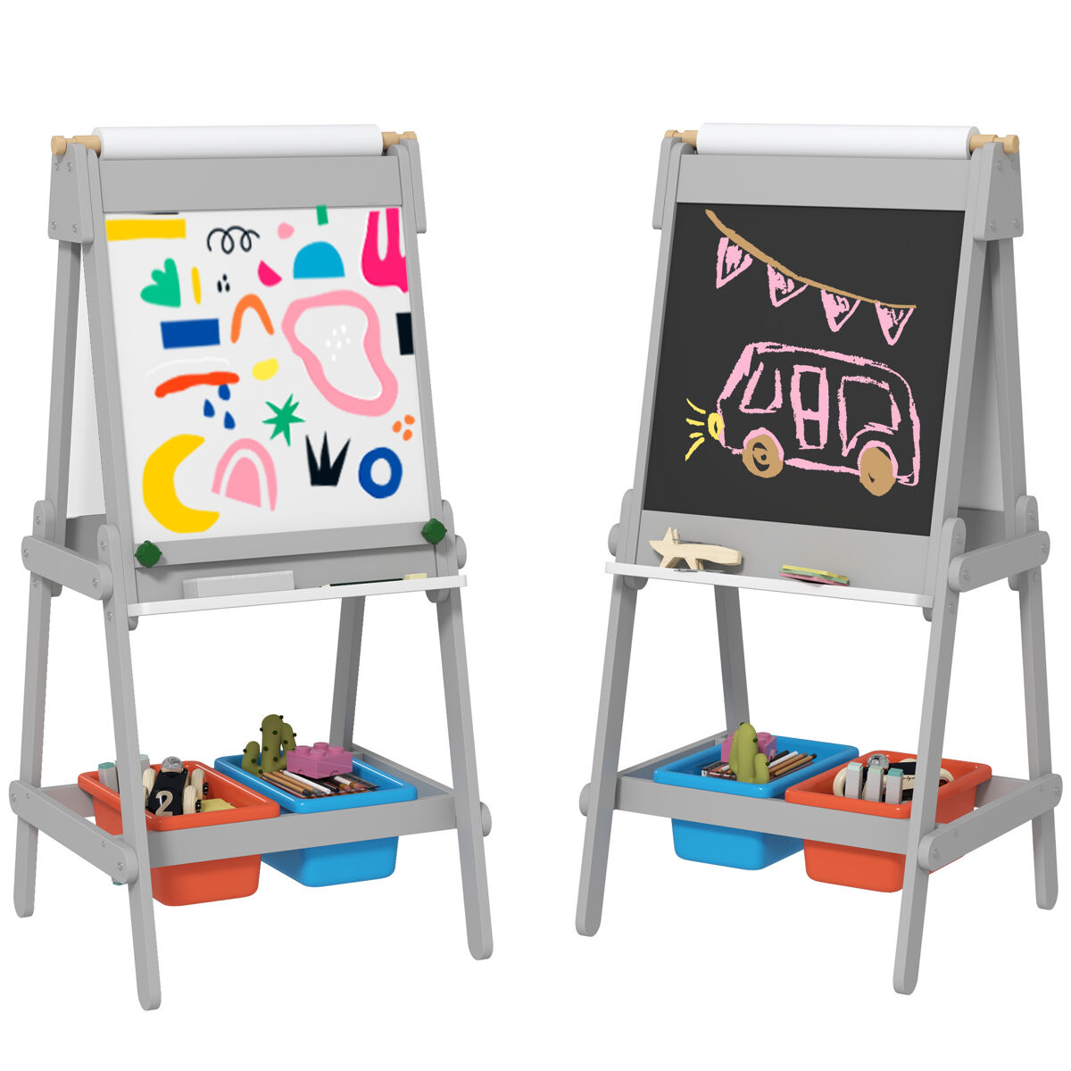 Aiyaplay cavalete para crianças cavalete de pintura para crianças 3 em 1 ardósia dupla com rolo de papel apagador e caixas de arrumação 51x50x108 cm cinza