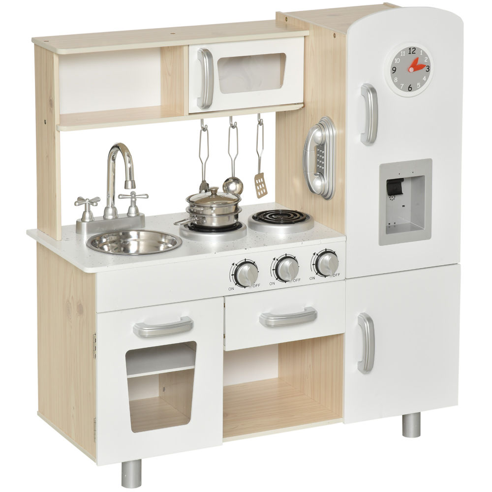 Homcom cozinha de madeira para crianças cozinha de brinquedo com lavatório fogão de indução e micro-ondas e acessórios incluídos cozinha para crianças