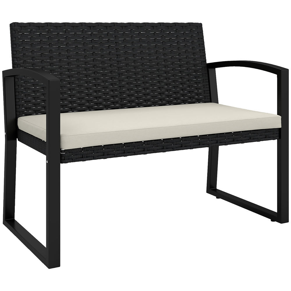 Outsunny banco de jardim em vime sintético de 2 lugares banco de exterior com almofada apoio para os braços carga 240 kg para varanda pátio 103x58x78