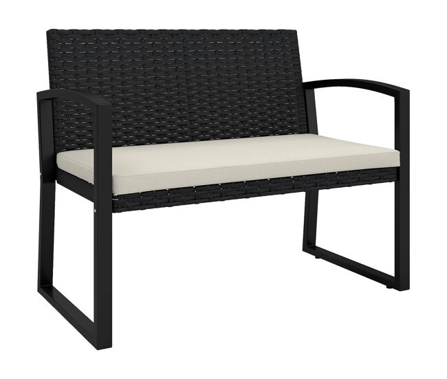 Outsunny banco de jardim em vime sintético de 2 lugares banco de exterior com almofada apoio para os braços carga 240 kg para varanda pátio 103x58x78
