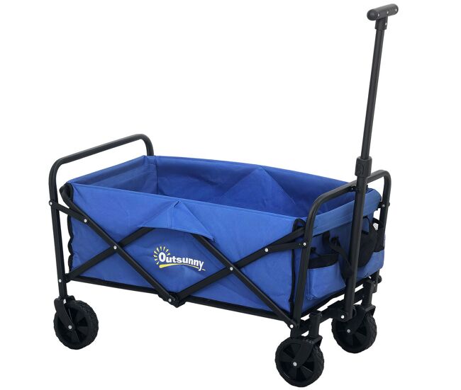 Outsunny carrinho de transporte com rodas carrinho de jardim dobrável com pega telescópica ajustável 2 bolsas de arrumação carrinho de praia jardim