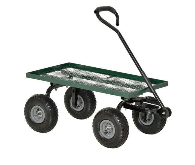 Outsunny carro de transporte com pega revestida e 4 rodas grandes de ø24 cm carrinho de jardim em aço capacidade 150 kg 94x48,5x100 cm preto e verde