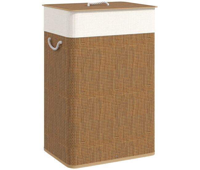 Homcom cesto de roupa com tampa 72l cesto de roupa de bambu com bolsa interior removível e alças para lavandaria dormitório 40x30x60 cm madeira e