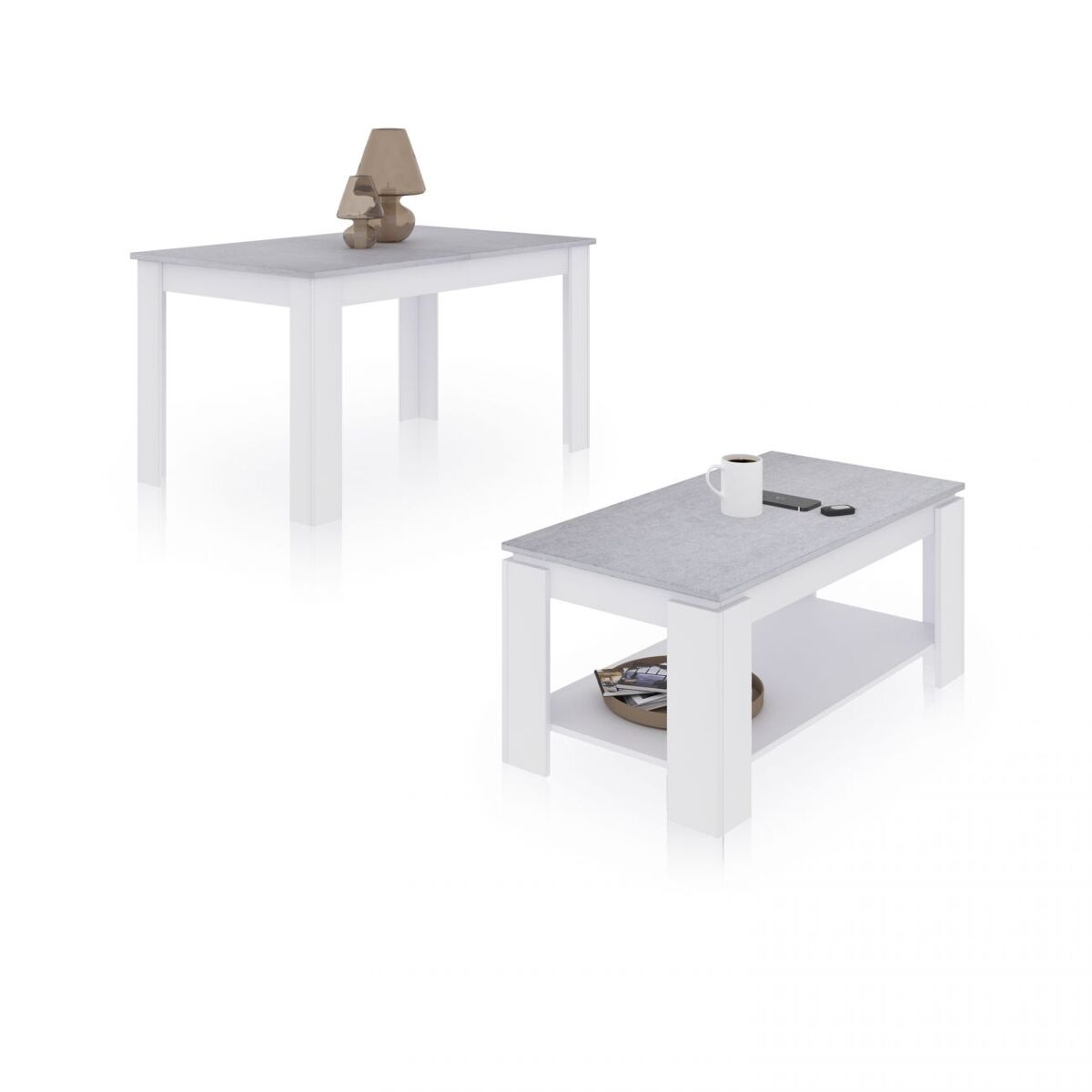 Conjunto de mesa de jantar 140 e mesa de centro lya branco artik (branco mate) - cinzento cimento 140 x 78 x 90 cm