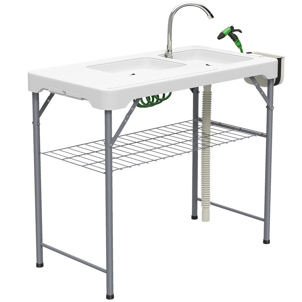 Outsunny mesa para campismo dobrável mesa mesa com 2 lavatórios mangueira de drenagem estação de limpeza para pesca exterior 108x58x92 cm branco
