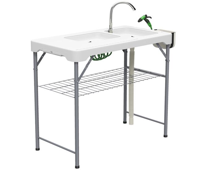 Outsunny mesa para campismo dobrável mesa mesa com 2 lavatórios mangueira de drenagem estação de limpeza para pesca exterior 108x58x92 cm branco