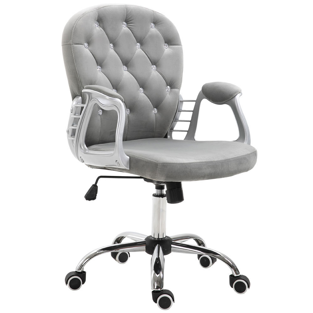 Vinsetto cadeira de escritório estofada em veludo cadeira giratória com altura ajustável apoio para os braços e decorações de cristal carga 120 kg cadeira para estudio dormitório 59,5x60,5x95-105 cm cinzenta